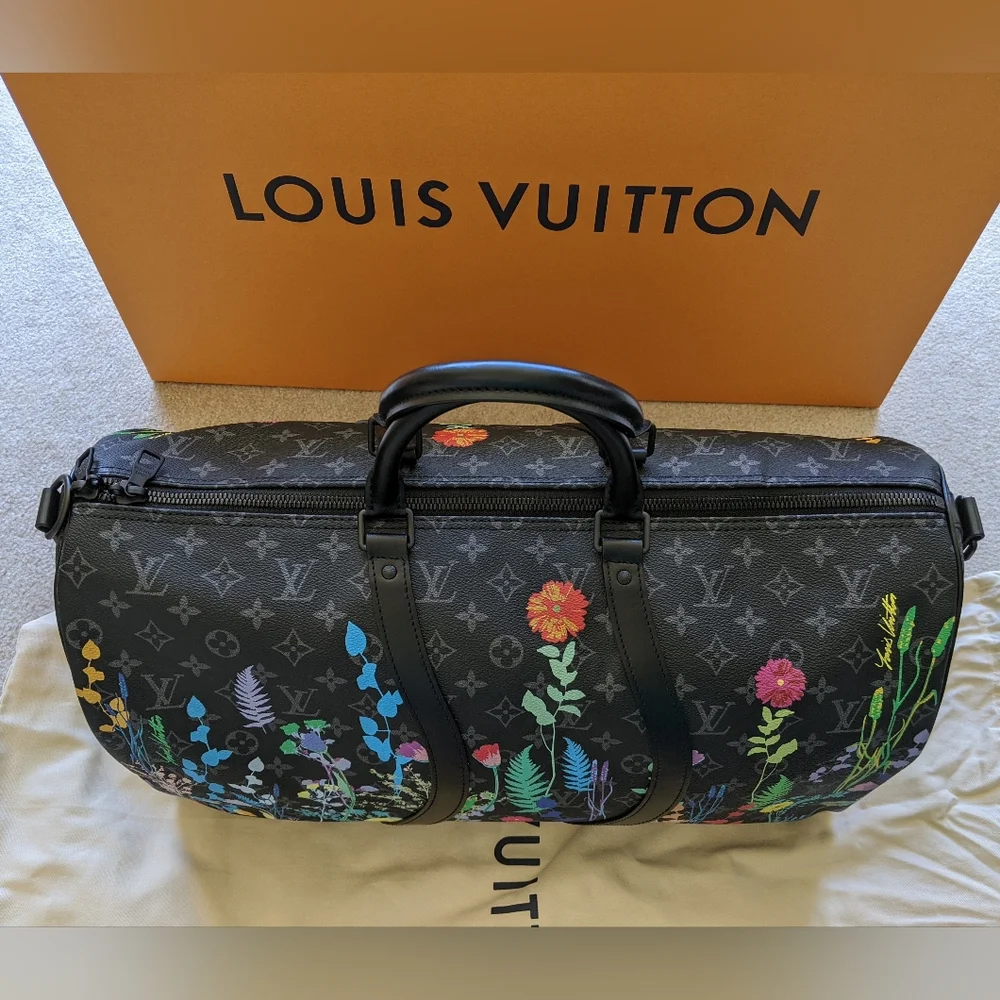 Louis Vuitton Monogram Eclipse Foliage Keepall Bandouliere 50